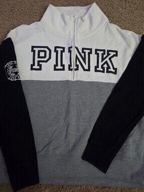 PINK Victoria's Secret Vintage Spellout Colorblock Half Zip Sweatshirt